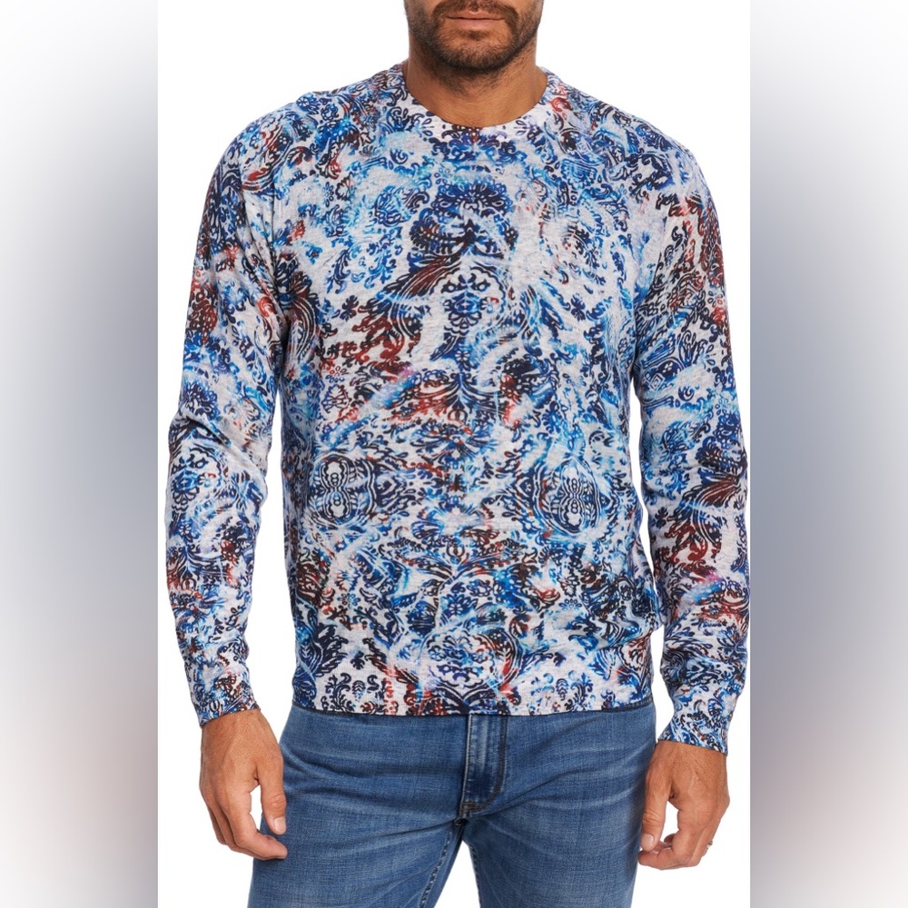 Robert Graham Barrel Paisley Graphic Print Linen & Cotton Knit Crewneck Sweater